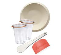 Bäckerei Spiegelhauer Lot de 2 verres à levain de 850 ml avec panier de fermentation, spatule et spatule - Kit de démarrage en verre - Panier de fermentation - Kit de cuisson à pain