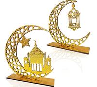 BAEIDO 2PCS Ramadan Mubarak Table Decorations, Wooden Eid Kareem Tabletop Sign for Home Room Centrepieces, Novelty Hollow Star Moon Lanterns Castles Ornament for Islamic Muslim Al-Fitr Party Supplies