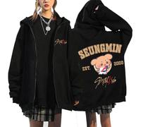 BaeKnyin Hip hop Harajuku Streetwear Top Stray Kids Casual Sweatshirt à Capuchon à Manches Longues Harajuku Cartoon imprimé Mode à Capuchon à Fermeture éclaire-Black13-XL1