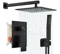 Baetuy Ensemble de robinet de douche noir, système de douche à effet pluie avec pommeau de douche à effet pluie et poignée, fixation murale avec vanne de douche et kit de garniture, 25,4 cm, noir mat