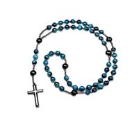 BAFAFA Naturel Lumière Bleu Oeil de Tigre Onyx Catholique Christ Chapelet Colliers Perle Longue for Hommes Hématite Croix Pendentif Collier Méditation