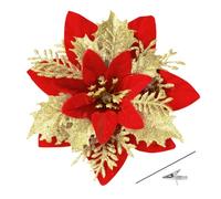 Bafenli 15 Pièces 14CM Fleurs de Noël Clignotant Poinsettia Artificiel Fleurs Arbre de Noël Ornements avec Clips Tiges pour DIY Guirlande Fête Maisons Vacances Décoration - Rouge Doré