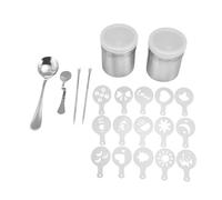 BAFOVY Ensemble de Stylos à café Latte en Acier Inoxydable 304, Pochoirs de Décoration de café avec 15 Motifs, 2 Stylos, 2 Cuillères, Shakers pour Desserts Cappuccino, à Domicile,