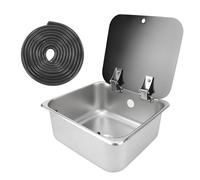 BAFOVY Évier de Cuisine en Acier Inoxydable 304 pour Camping-car, 350 X 320 X 150 Mm avec Couvercle en Verre trempé, Bol de 15 L, Port de Vidange de 40 Mm, pour Camping-car, Bateau, Camion de