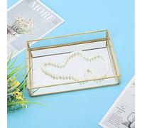 BAFOVY Plateau à Bijoux en Verre, Bordure en Laiton doré avec Compartiments Ouverts Translucides pour Organisateur de Bagues, Boucles d'oreilles, Présentoir de Table pour Commode, 30 (Rectangulaire,