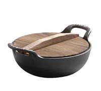 BAFOVY Wok en Fonte, Poêle de Cuisson en Fer Pur pré-assaisonné de 30 Cm avec Double Base épaissie et Couvercle en Bois, pour Four, Cuisinière, Gril, Feu de Camp (30 cm / 11,8 pouces)