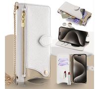 BAFUGU Coque pour iPhone 16 Pro Étui en Cuir PU Portefeuille Antichoc Flip Case Anti-Choc Housse avec Fentes de Cartes Fonction Support, avec Bandoulière, Miroir de Maquillage encastré-White