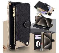 BAFUGU Coque pour iPhone 17 Air Étui en Cuir PU Portefeuille Antichoc Flip Case Anti-Choc Housse avec Fentes de Cartes Fonction Support, avec Bandoulière, Miroir de Maquillage encastré-Noir
