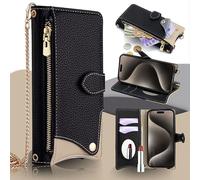 BAFUGU Coque pour iPhone 17 Étui en Cuir PU Portefeuille Antichoc Flip Case Anti-Choc Housse avec Fentes de Cartes Fonction Support, avec Bandoulière, Miroir de Maquillage encastré-Noir