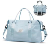 BAGAIL Grand sac de voyage pour voyage avec pochette à bagages et bandoulière, sac de sport pliable, sac de sport étanche, sac de voyage de nuit pour femme avec poche de maquillage humide, bleu ciel