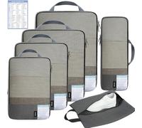 BAGAIL Lot de 6 cubes d'emballage de compression légers avec liste d'emballage - Sacs de rangement extensibles anti-déchirure pour voyage, gris foncé, 6 Set