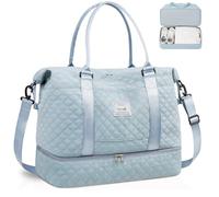 BAGAIL Sac de Voyage pour Femme avec Compartiment à Chaussures, Fourre-tout de Week-end avec Poche Humide, d'Hôpital pour le Travail et l'Accouchement, Grille - Bleu Clair
