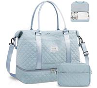 BAGAIL Sac de voyage pour femme avec sac à bagages et bandoulière, sac de sport pour salle de sport, sac de couchage en toile avec poche humide pour maquillage, A - Grille - Bleu clair, Extra Large