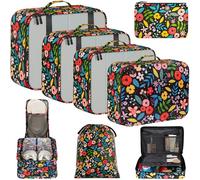 BAGAIL Set de 8 cubes de rangement pour valise, organisateurs légers pour bagages et accessoires de voyage, Motif Floral Noir