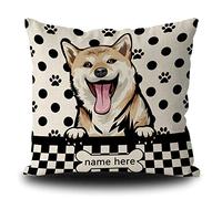 BAGEYOU Housse de coussin personnalisée avec motif chien à pois, épagneul breton Shiba Inu Peeking Buffalo Carreaux Pattes Os Décoration de la maison Taie d'oreiller carrée 40,6 x 40,6 cm