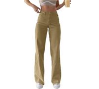 Baggy - Jean long pour femme - Jambes droites - Pantalon en denim - Jambes larges - Taille haute - Léger - Oversize - Avec poches boutonnées - Pantalon ample et chaud - Coupe décontractée - Pour la