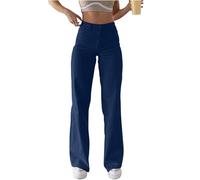 Baggy - Jean long pour femme - Jambes droites - Pantalon en denim - Jambes larges - Taille haute - Léger - Oversize - Avec poches boutonnées - Pantalon ample et chaud - Coupe décontractée - Pour la