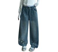 Baggy Jeans Enfant Fille Pantalons Cargo en Denim Loisirs avec Taille Élastique Ado Fille Jean Straight Pants Long avec Poches Mode Rétro Y2k Streetwear 2025 Printemps Été Automne