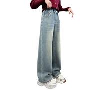 Baggy Jeans Enfant Fille Pantalons en Denim Classique avec Taille Élastique Ado Fille Jean Straight Pants Long avec Poches Confortable Rétro Hip Hop Streetwear Sport Printemps Été Automne