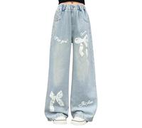 Baggy Jeans Enfant Fille Pantalons en Denim Classique Jambe Droite Ado Fille Jean Bootcut Pants Long avec Poches Ample Vintage Hip Hop Streetwear 2025 Printemps Automne