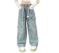 Baggy Jeans Enfant Fille Pantalons en Denim Mode Jambe Droite Ado Fille Jean Straight Pants Long avec Poches Classique Rétro Hip Hop Streetwear Outdoor Printemps Automne