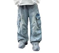 Baggy Jeans Enfant Garçon Pantalons Cargo en Denim Casual À Taille Élastiquée Ado Garcon Jean Straight Pants Long avec Poches Classique Rétro Hip Hop Streetwear Outdoor Printemps Été Automne