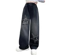Baggy Jeans Fille Pantalons en Denim Casual Taille Élastique Fille Jean Straight Pants Long avec Poches Ample Vintage Y2k Streetwear Outdoor Printemps Été Automne