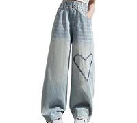 Baggy Jeans Fille Pantalons en Denim Confortable Taille Élastique Ado Fille Jean Bootcut Pants Long avec Poches Classique Rétro Hip Hop Streetwear Sport Printemps Été Automne