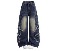 Baggy Wide Leg Jeans for Girls Cute Star Patchwork Elastic Waistband Cargo Jeans Y2K Vintage Denim Pants Kids Loose Fit Casual Trousers Fashion Hip Hop Streetwear