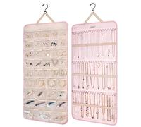 BAGSMART Rouleau de rangement pour bijoux à suspendre avec crochets en métal double face pour boucles d'oreilles, colliers, bagues sur placard, mur, porte, 1 pièce, XL, rose