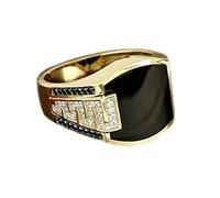 Bague à maillons cubains pour homme - Classique - Rétro - Couleur préservée - Plaqué or 18 carats - Avec agate noire - Bague de luxe tendance avec diamant - Bague hip-hop, 14, 18 carats, laiton