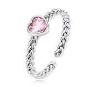 Bague ajustable en argent sterling S925 en forme de cœur avec zircon rose pour femme et fille