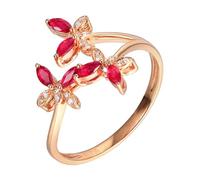 Bague Ajustable Gravure Alliance 49 Or Rose 18 Carats Ruby Créé en Laboratoire 3 Papillons avec Rubis et Diamant de 0,324 CT Solide Non Plaqué Mise à Niveau 3.0 pour Sœur Fiançailles Bijoux