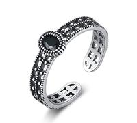 Bague ajustable pour femme en argent sterling S925, creuse, en obsidienne et zircon incrusté.