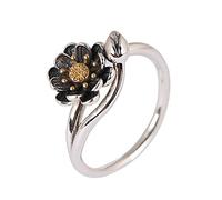 Bague ajustable pour femme, en argent sterling S925, style vintage, avec fleur de lotus noire et étamine dorée, breloque en forme de bourgeon, ajustable, ouverte, pour la cheville et l'orteil