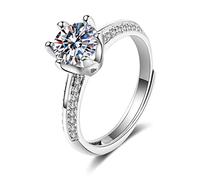 bague, Alliance for femme en or blanc 14 carats, bague de promesse ajustable à 6 griffes moissanite ronde(2ct,S 1/2)