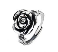 Bague Argent 925 Femme Reglablebagues En Argent Et Noir Avec Fleur De Rose Pour Femmes Et Filles Ajustables Style Rétro Vintage Punk Épaisses Pour Pouce Fiançailles Mariage Promesse Bijoux Cadeau