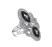 Bague Intégrale À Large Déclaration De Mode En Filigrane Noir Et Blanc De Style Art Déco Avec Zircons Pour Femmes En Laiton Plaqué Argent
