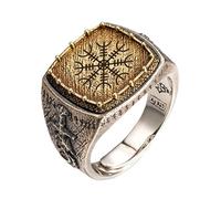 Bague Authentique Dragon Viking en Argent 925 et Cuivre - Bijou Tribal Nordique Fait Main pour Hommes, Bague Guerrier Rune Ajustable pour Auriculaire Index(Helm of Awe,7)
