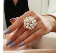 Bague avec décoration de fleur en strass et fausse perle, Saint-Valentin Taille Unique,2 pièces/ensemble,Une version de meilleure qualité,Même plaquage orAlliage de zinc