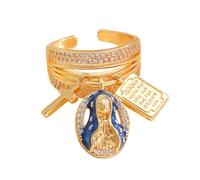 Bague avec pendentif religieux en forme de crucifix vierge - Taille réglable - En cuivre et zircone - Accessoires pour le quotidien - Cadeau