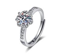 bague, Bague de promesse ajustable for femme en or blanc 14 carats, ornée d'une fleur élégante et moissanite ronde(Q 1/2)