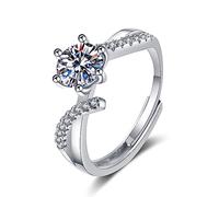 bague, Bague en or blanc 14 carats for femme, alliance ajustable, style classique infini, sertie d'une moissanite ronde à 6 griffes(O 1/2)