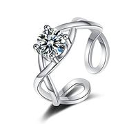 bague, Bague en or blanc 9 carats for femme, alliance ajustable, ouverte et torsadée, solitaire moissanite ronde(O 1/2)