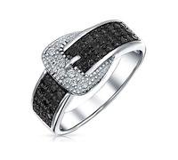 Bague bande à boucle de ceinture en argent sterling .925 avec pavé de zircon cubique noir CZ pour femmes.
