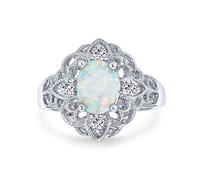 Bague Bohème Intégrale Style Vintage en Zircon Cubique Orné de Filigrane Ovale Fleur Opale Blanche Créée en Argent Sterling .925