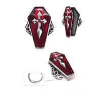 Bague - Cercueil Croix Gothique - Métal Argent - Rouge - Accessoire de Déguisement