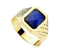 Bague chevalière en or 18 carats pour enfant, ornée d'une spinelle bleue naturelle de 9 x 7 mm et de diamants sur les côtés. 53