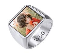 Bague Chevaliere Homme Acier Inoxydable Porte Photo Gravé Anneau Garçon Personnalisé Prénom Gravure Sterling[Argenté]-Cadeau Noël Mari Fêtes des Pères l'Action de Grâce Couple Anniversaire