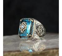 Bague chevalière Turque Faite à la Main pour Hommes, Vintage, Couleur Argent, Motif sculpté, Incrustation de Zircon Vert, Bague Punk de fête